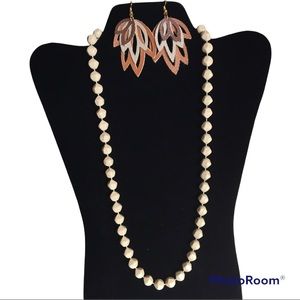 Leaf Feather Earrings Handmade and Clay Color Vintage Bead Necklace Set Boho